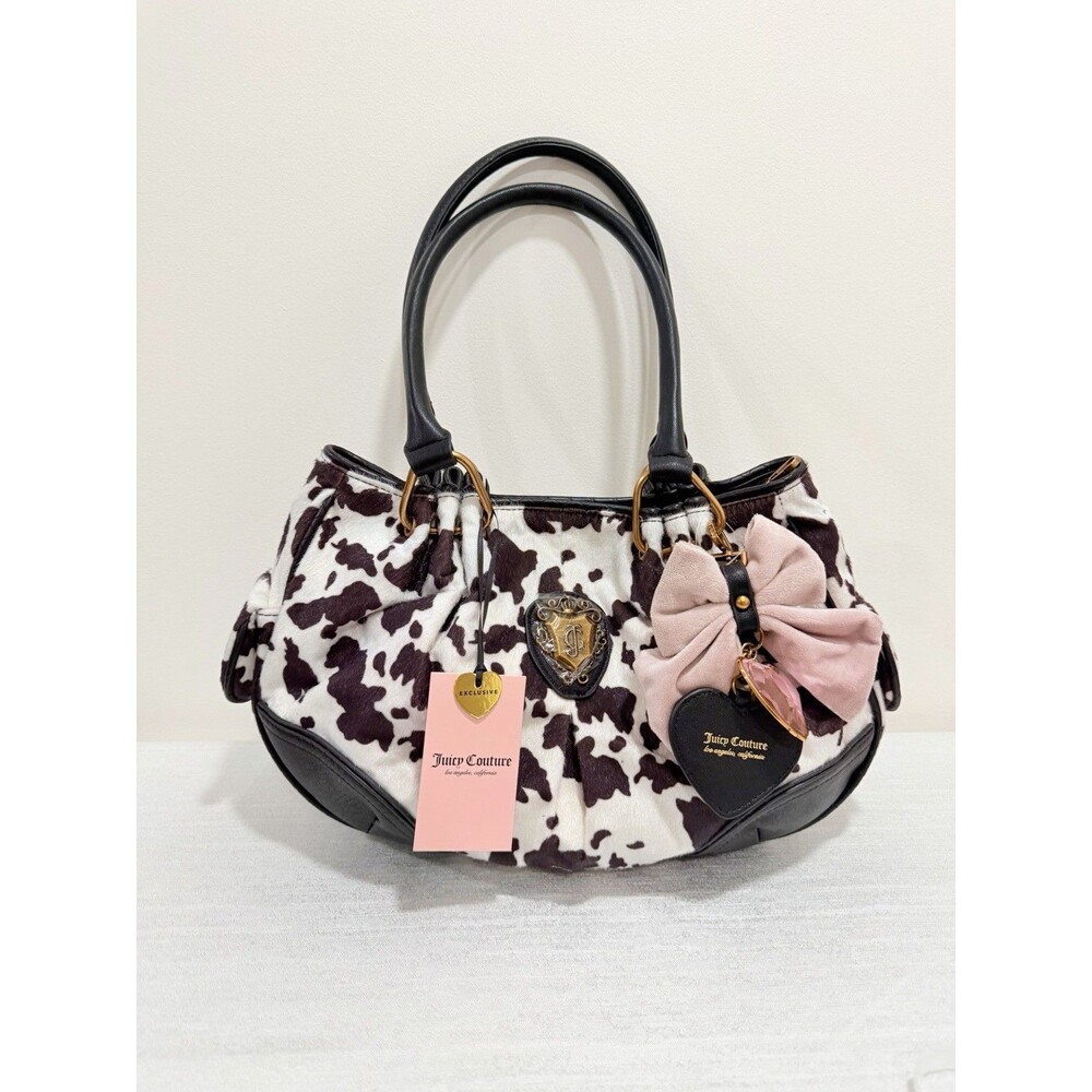 Juicy Couture Romance Cow Print Satchel In Liquorice White W/Charm Viral NEW